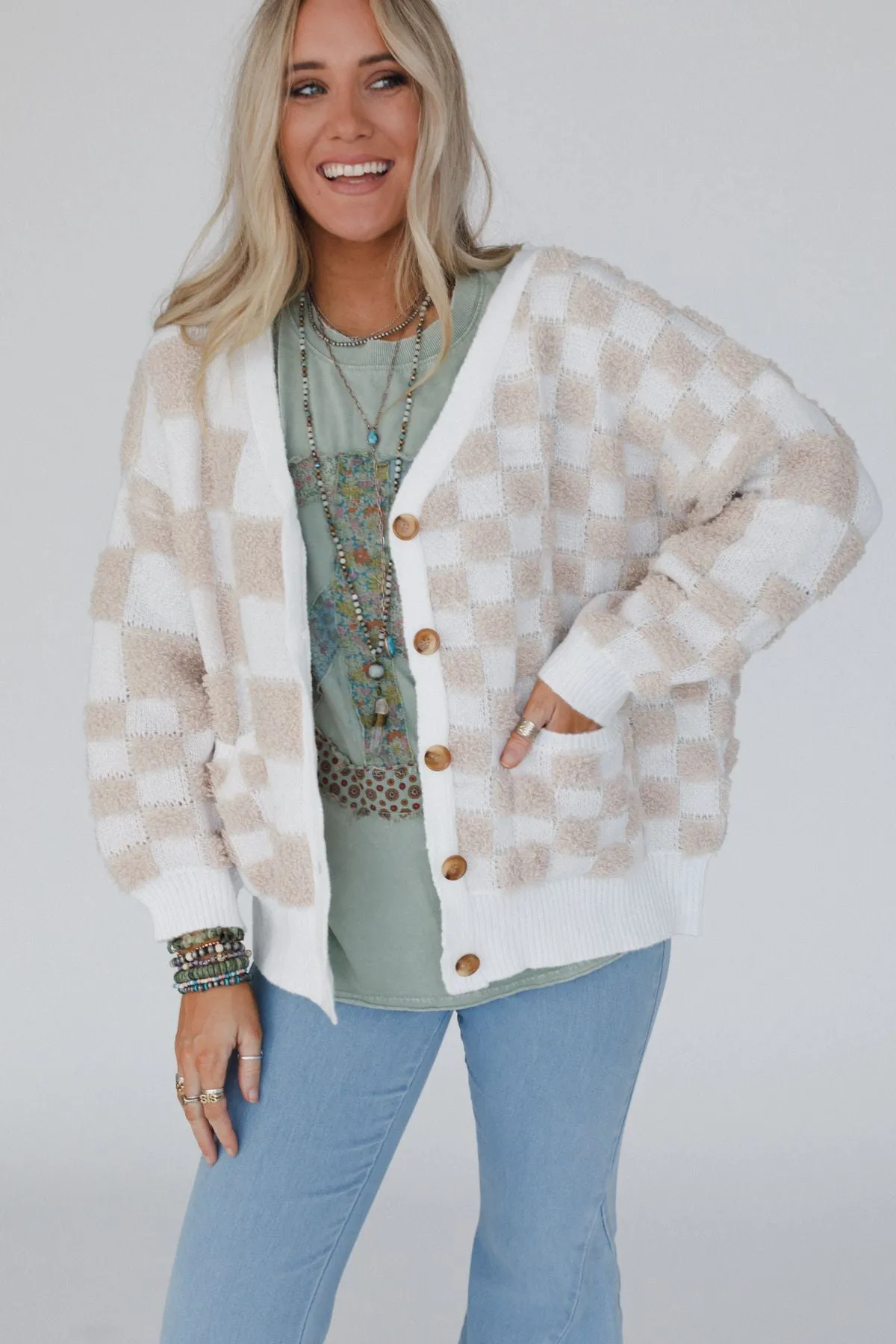Checkmate Cardigan - Taupe Multi