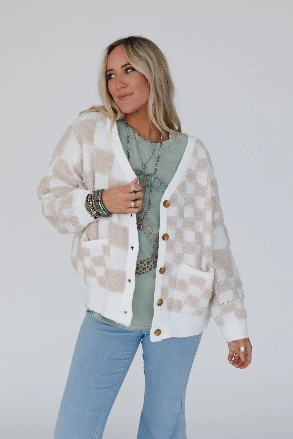 Checkmate Cardigan - Taupe Multi