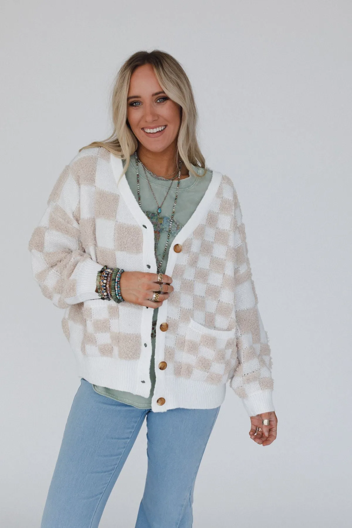 Checkmate Cardigan - Taupe Multi