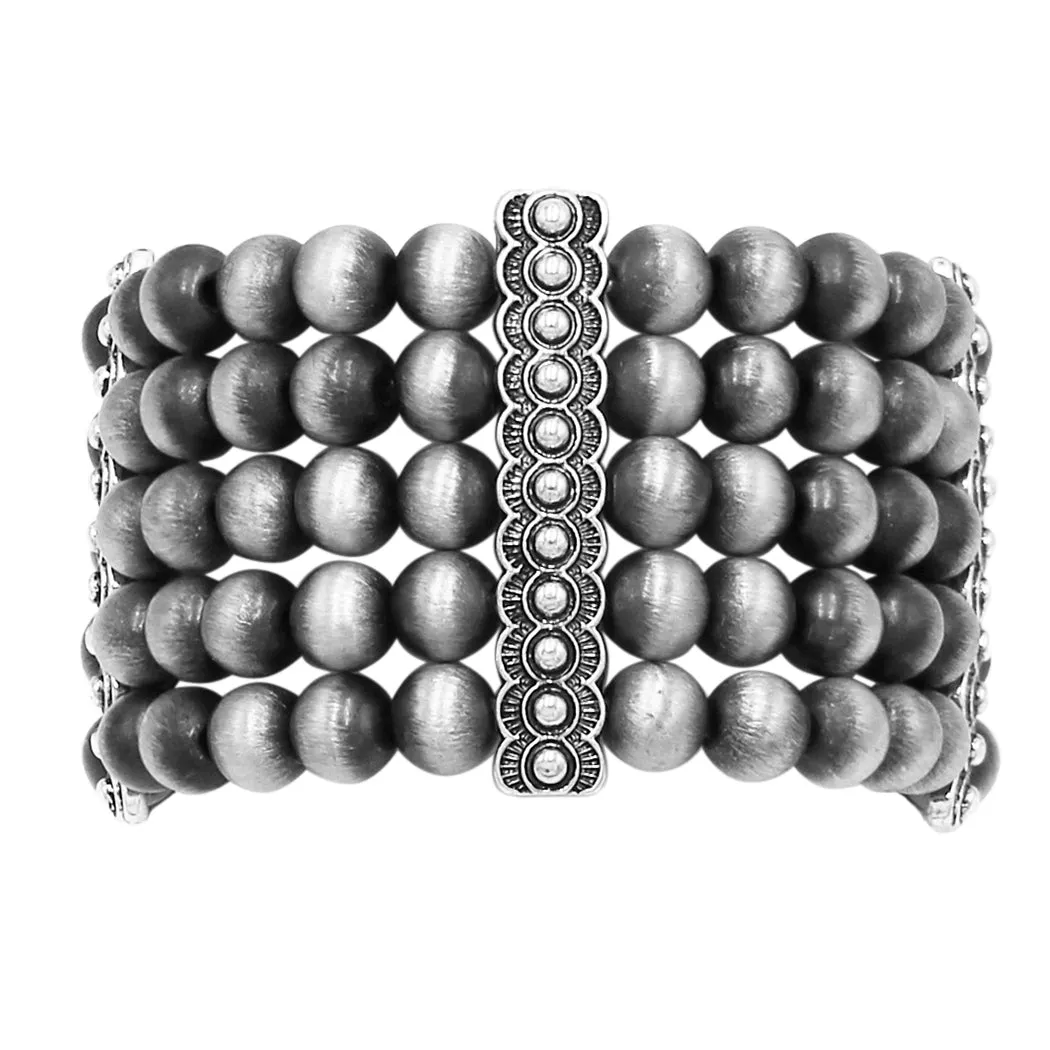 Chic Statement Western Cross With Turquoise Howlite Semi Precious Stone Burnished Silver Tone Beaded Stretch Bracelet, 7"