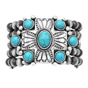Chic Statement Western Cross With Turquoise Howlite Semi Precious Stone Burnished Silver Tone Beaded Stretch Bracelet, 7"