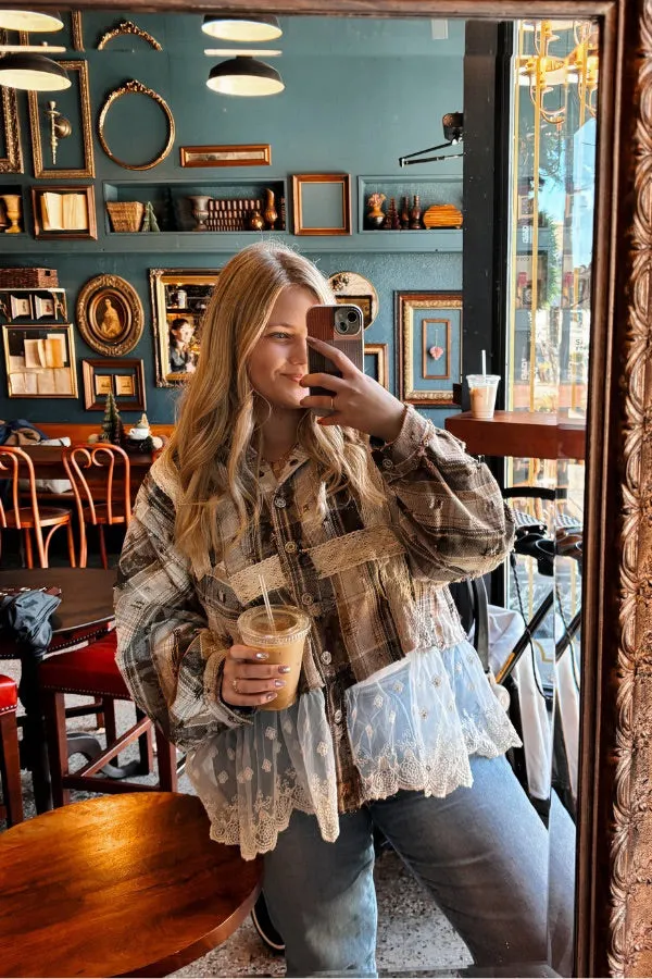 Clementine Plaid Contrast Top - Mocha