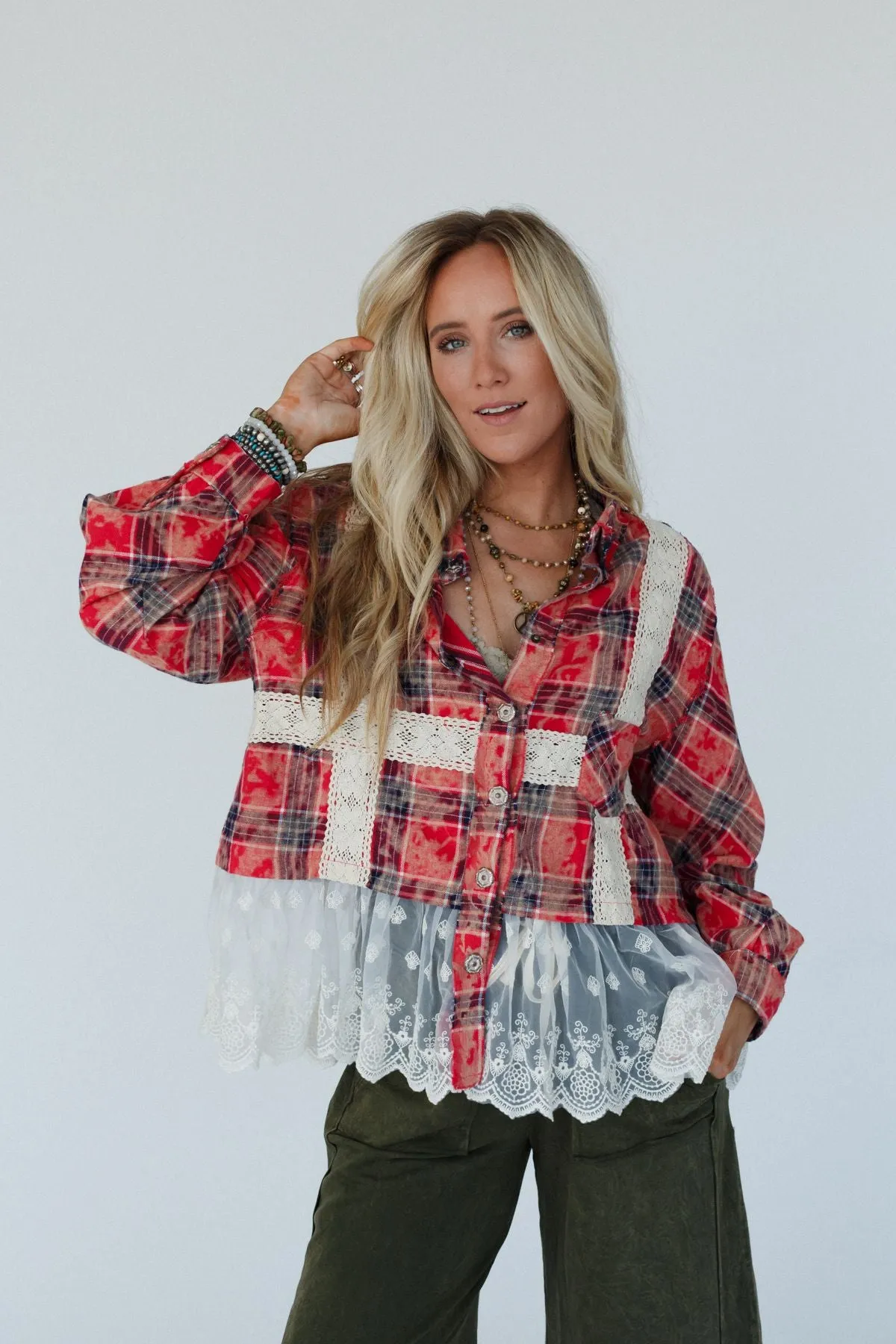 Clementine Plaid Contrast Top - Red