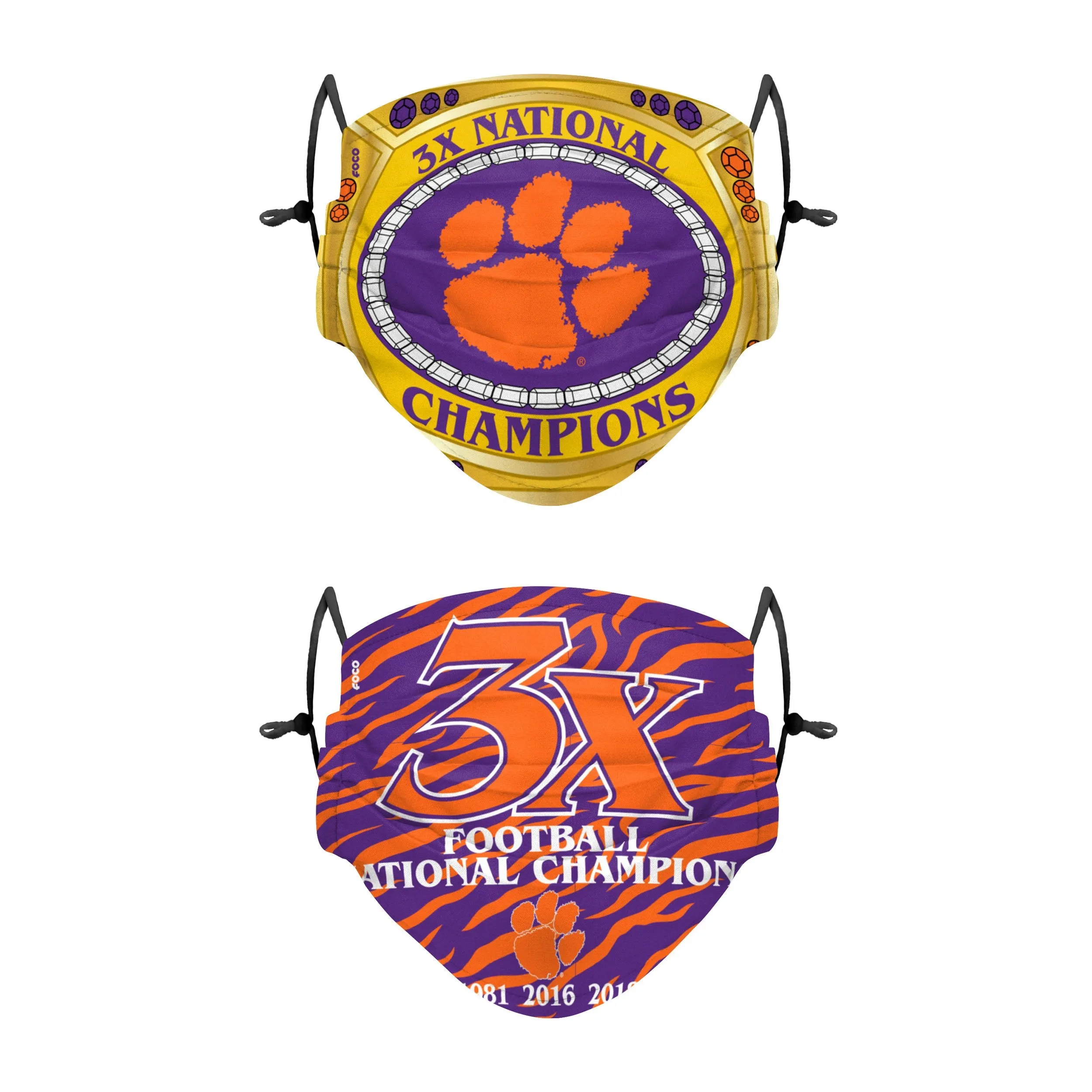 Clemson Tigers NCAA Thematic Champions Adjustable 2 Pack Face Cover