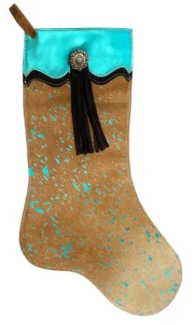 Cowhide Leather Christmas Stocking ~ Teal