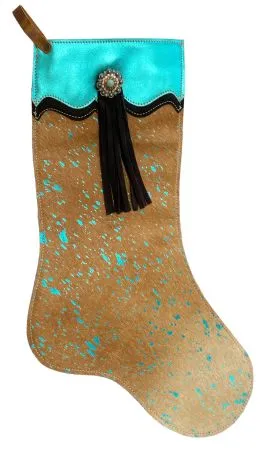 Cowhide Leather Christmas Stocking ~ Teal