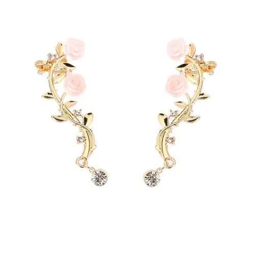 Elegant Pink Flower Womens Cuff Earring Silver Gold Color