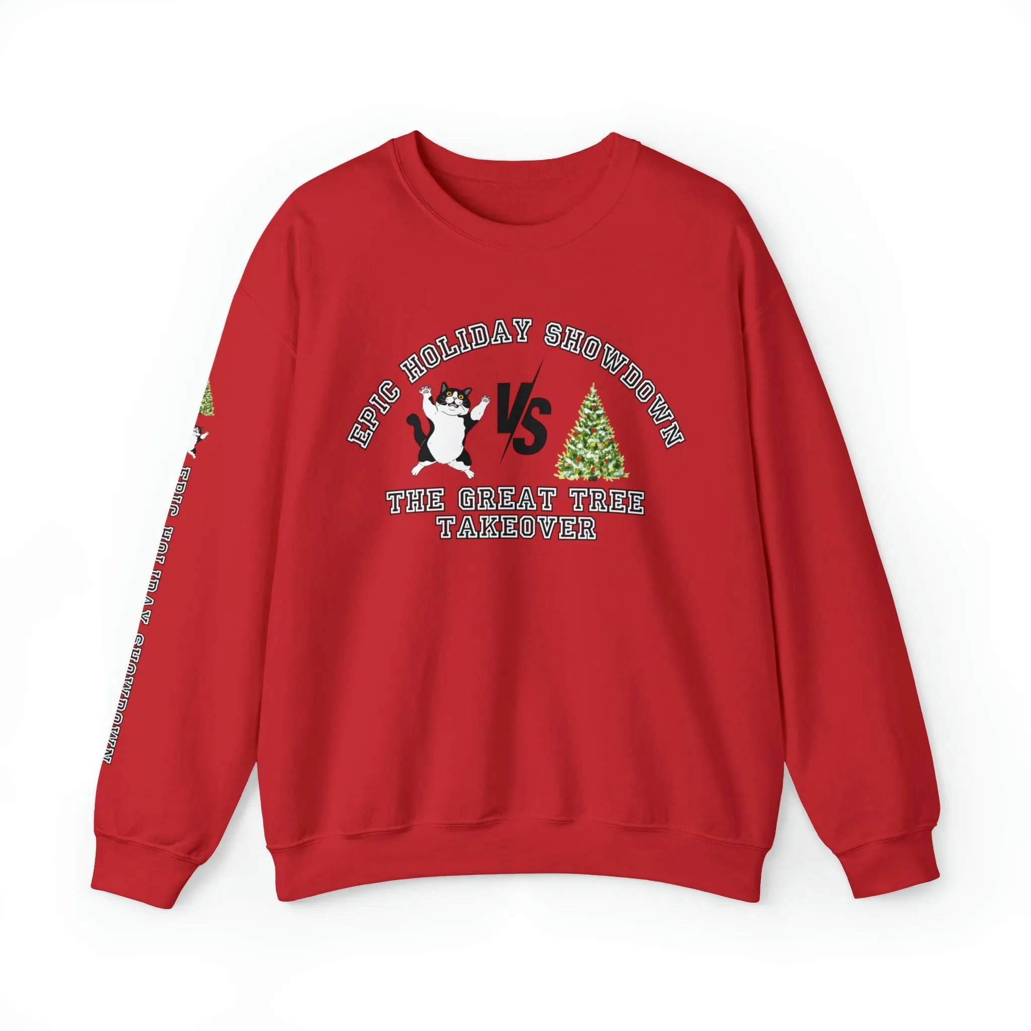 Epic Holiday Showdown: Cat vs. Christmas Tree Women's Sweatshirt with Arm Detail