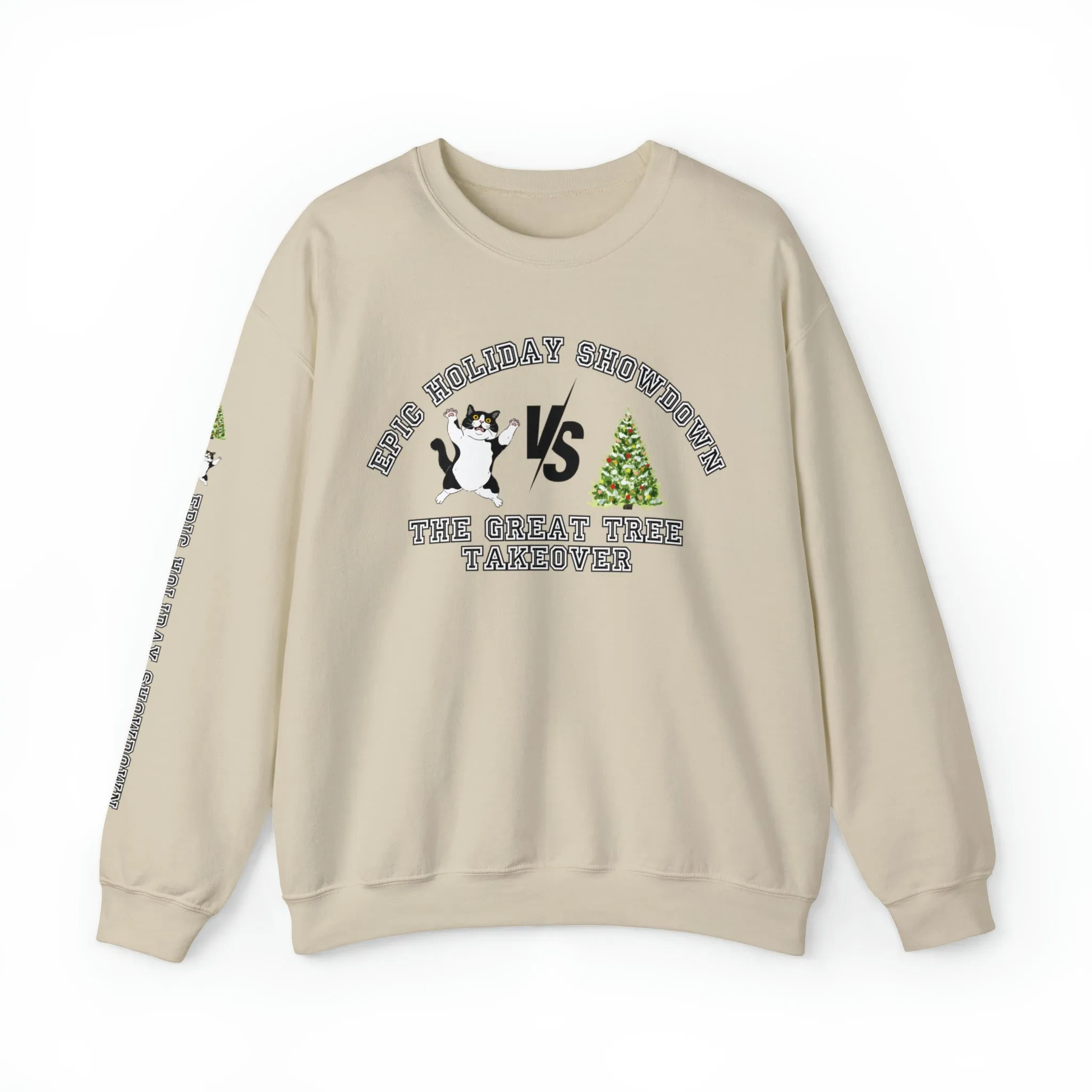 Epic Holiday Showdown: Cat vs. Christmas Tree Women's Sweatshirt with Arm Detail