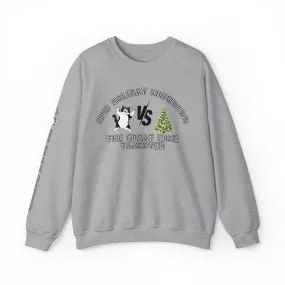 Epic Holiday Showdown: Cat vs. Christmas Tree Women's Sweatshirt with Arm Detail