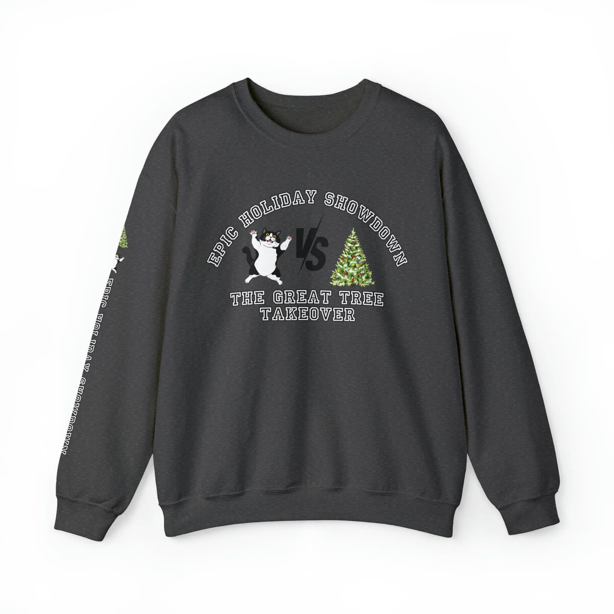 Epic Holiday Showdown: Cat vs. Christmas Tree Women's Sweatshirt with Arm Detail