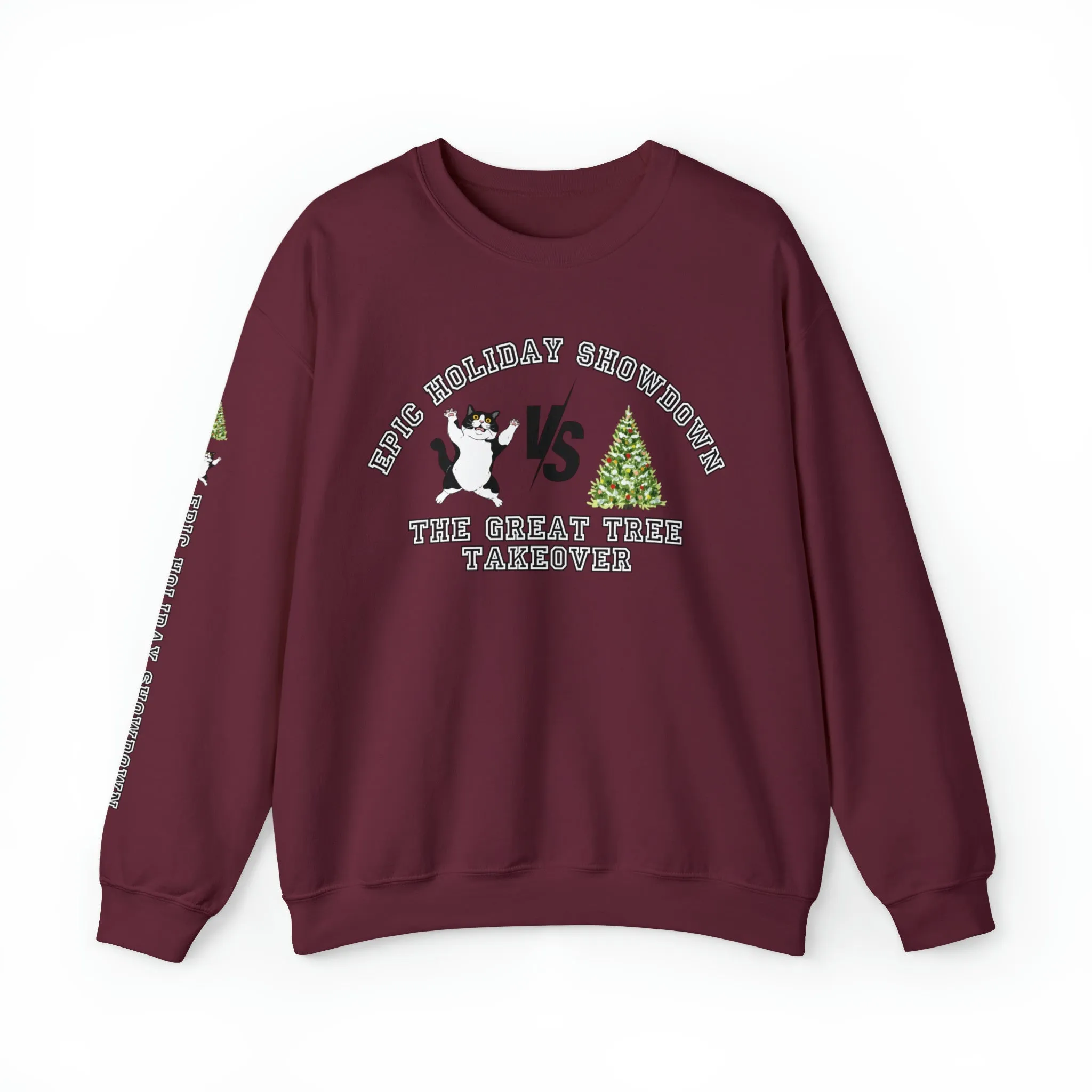 Epic Holiday Showdown: Cat vs. Christmas Tree Women's Sweatshirt with Arm Detail