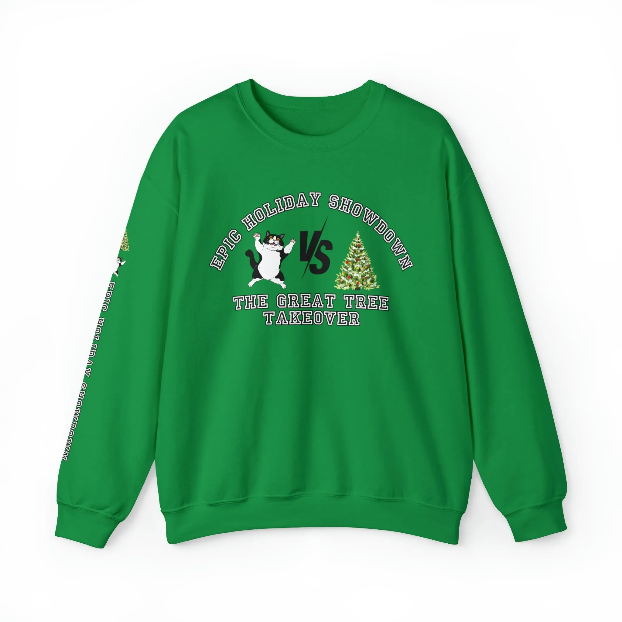 Epic Holiday Showdown: Cat vs. Christmas Tree Women's Sweatshirt with Arm Detail