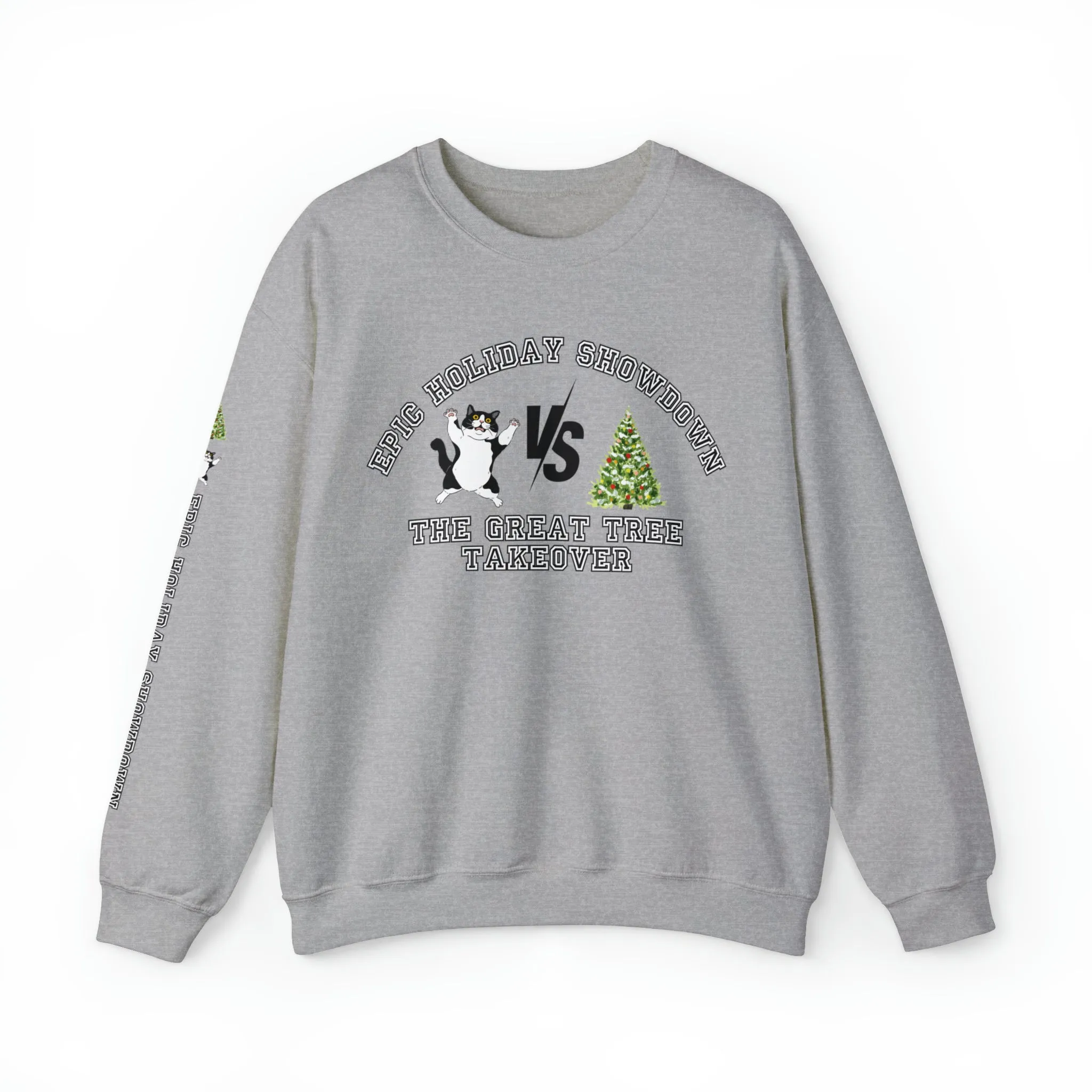 Epic Holiday Showdown: Cat vs. Christmas Tree Women's Sweatshirt with Arm Detail
