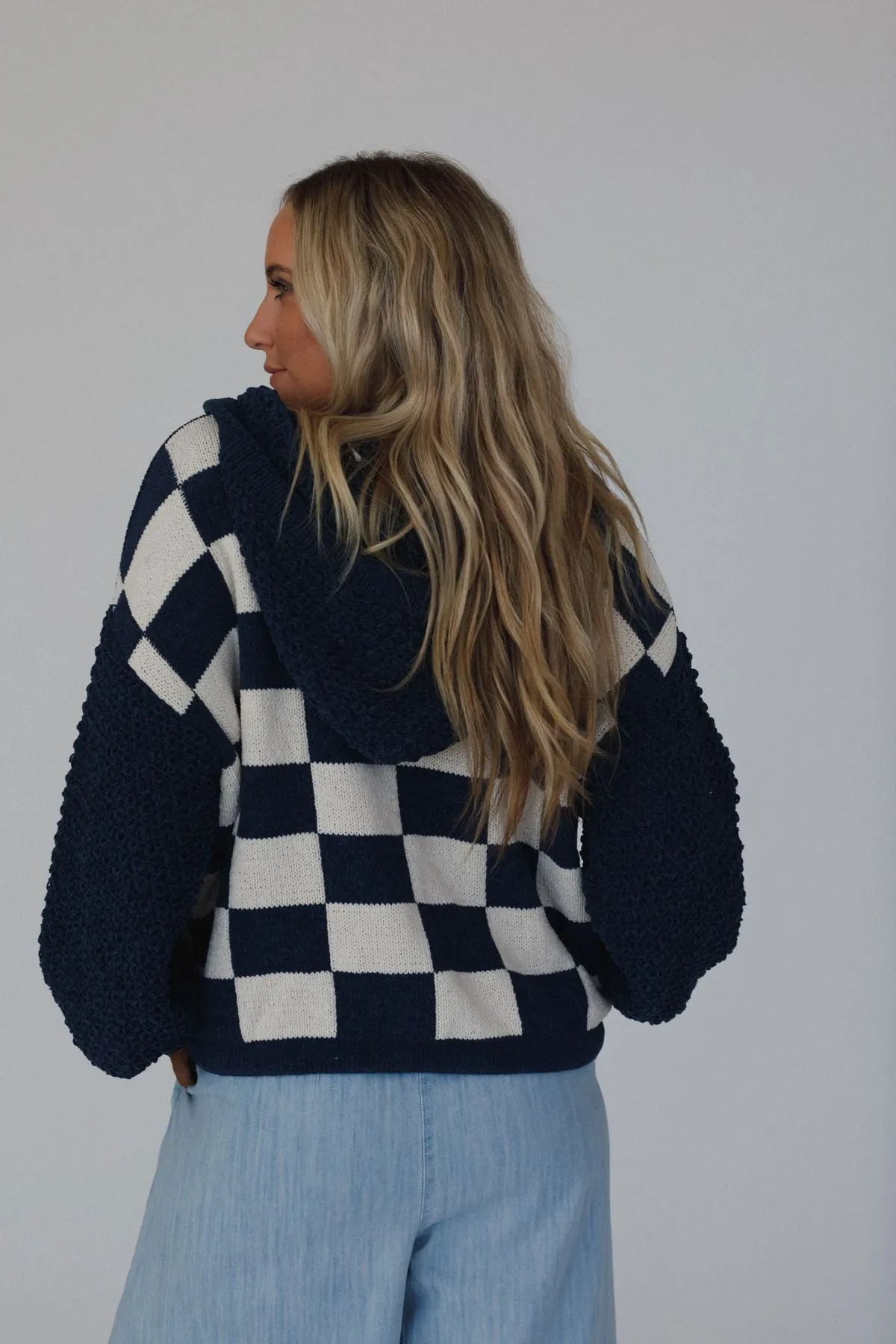 Flower Check Hoodie Top - Navy