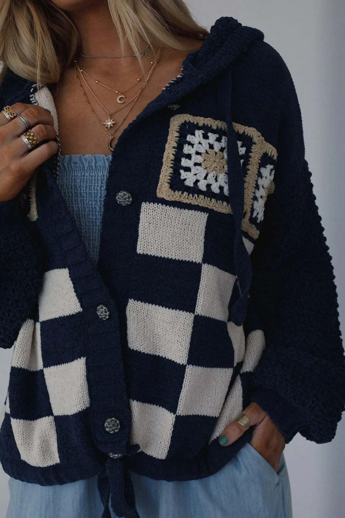 Flower Check Hoodie Top - Navy