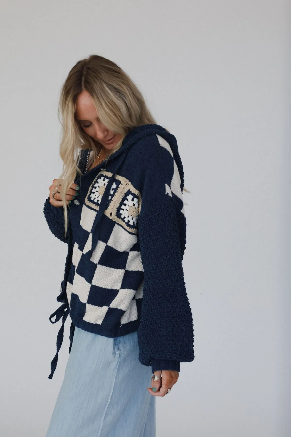 Flower Check Hoodie Top - Navy