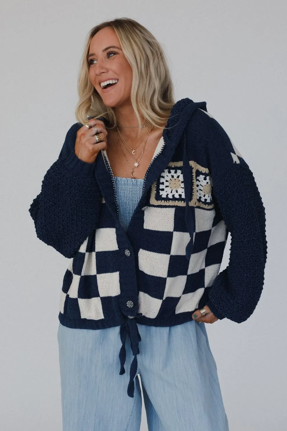 Flower Check Hoodie Top - Navy