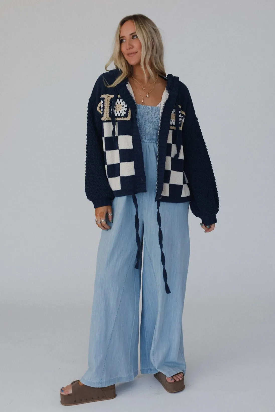 Flower Check Hoodie Top - Navy