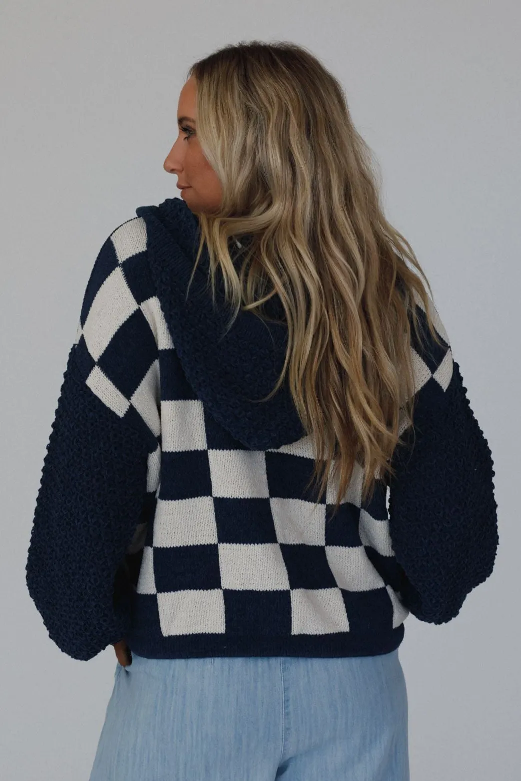 Flower Check Hoodie Top - Navy