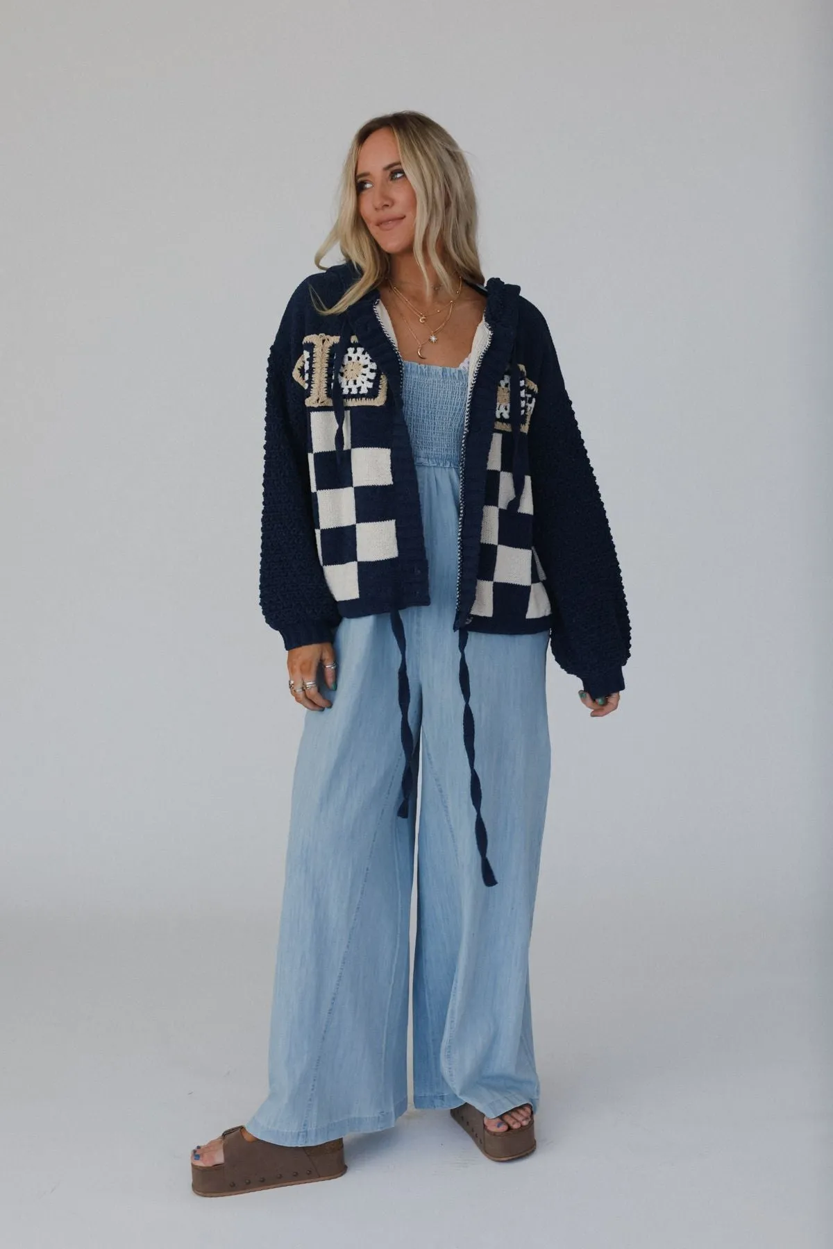 Flower Check Hoodie Top - Navy