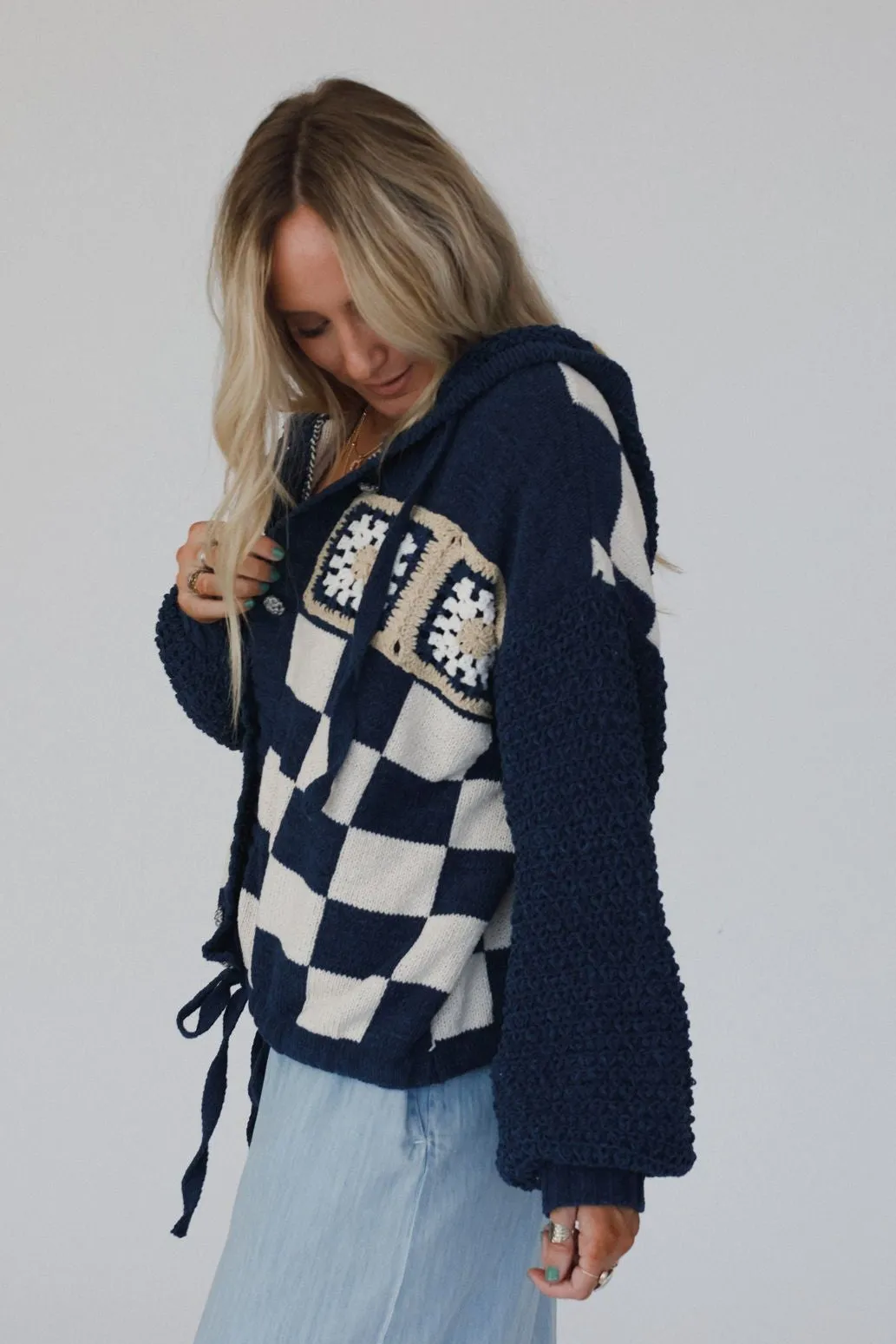 Flower Check Hoodie Top - Navy