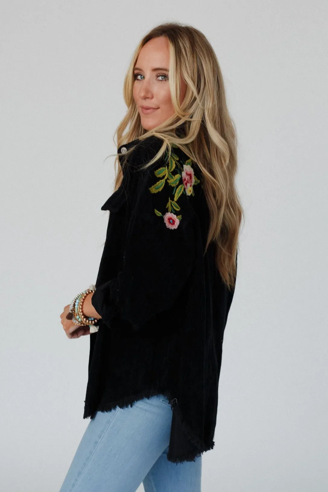Gardener Embroidered Button Down Top - Black