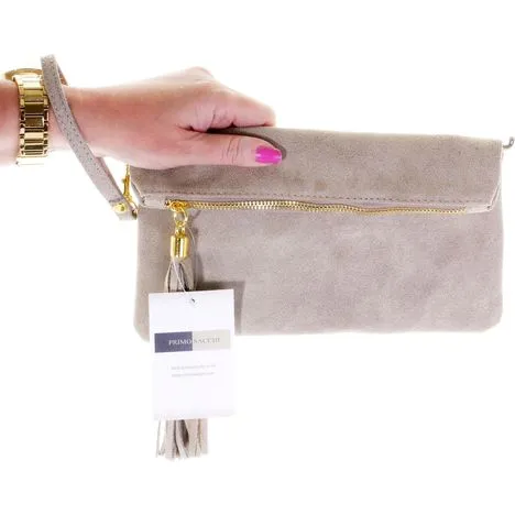 Giuliana-Light Beige Soft Suede Clutch, Wrist & Shoulder Bag
