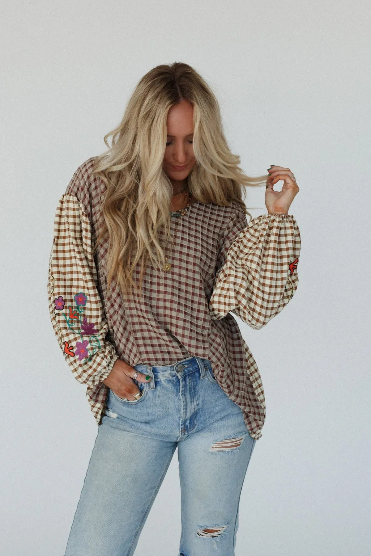 Homestead Plaid Floral Top - Mushroom