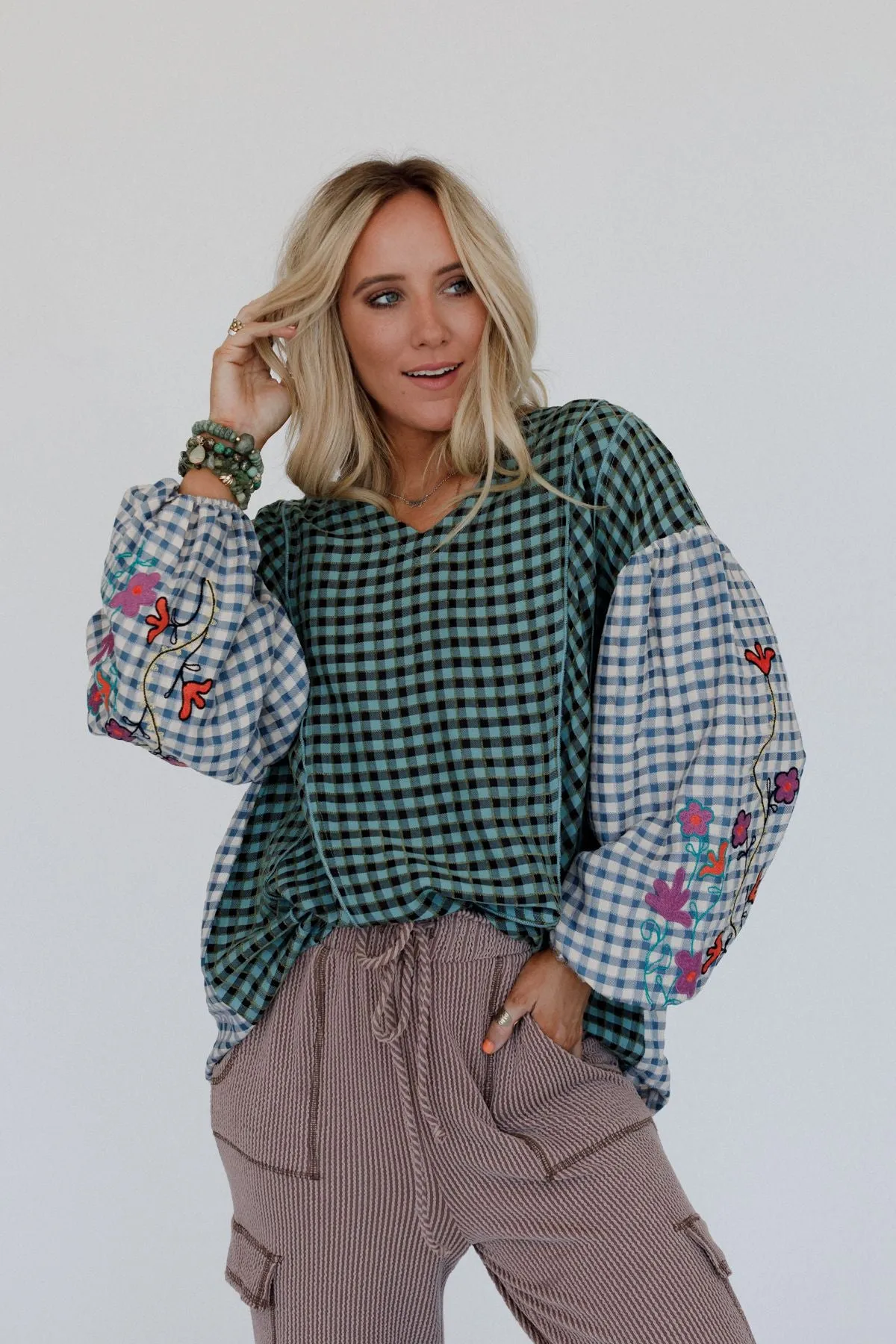 Homestead Plaid Floral Top - Teal