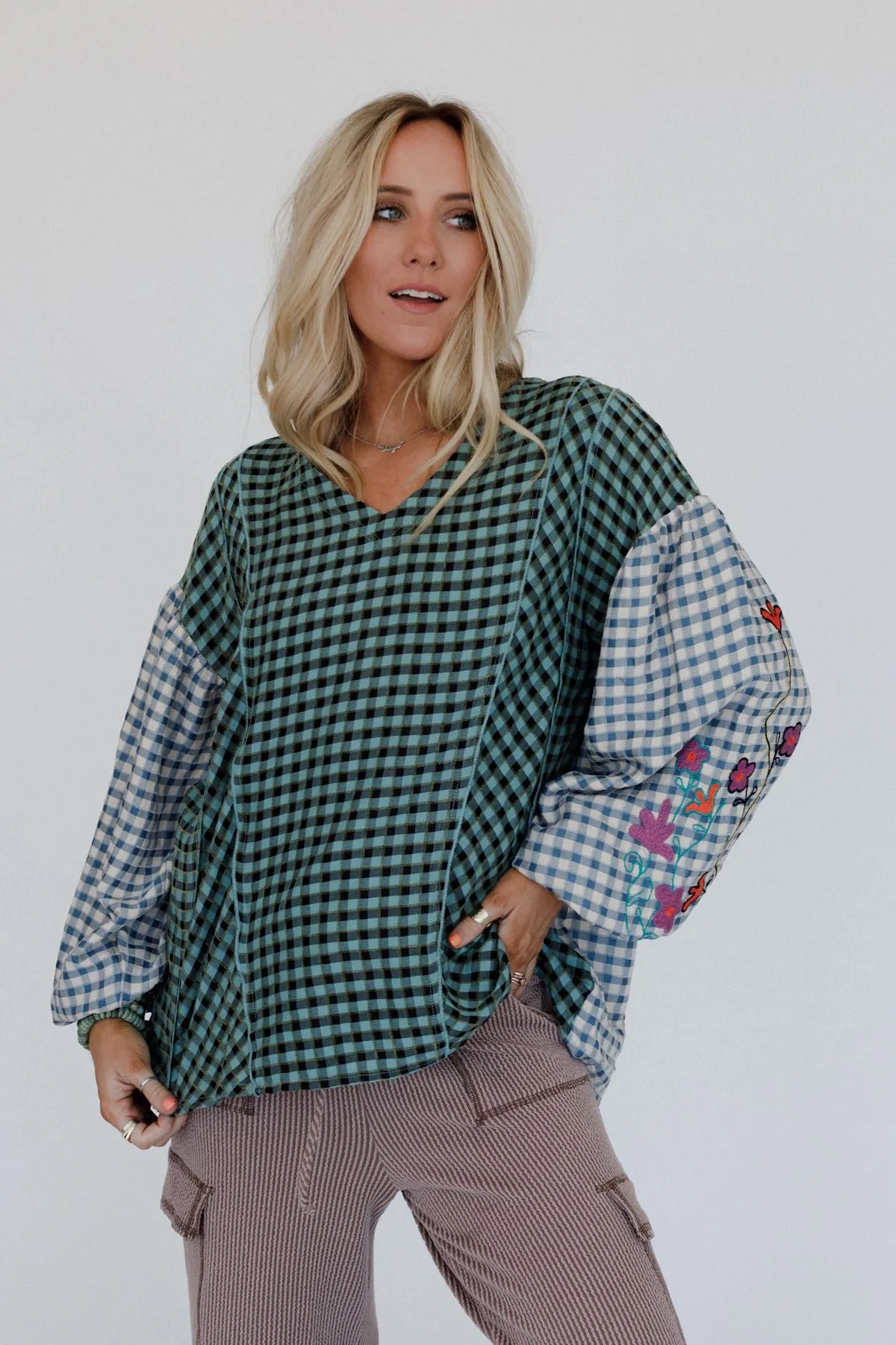 Homestead Plaid Floral Top - Teal
