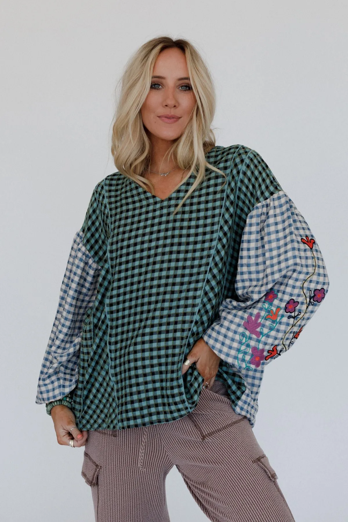 Homestead Plaid Floral Top - Teal