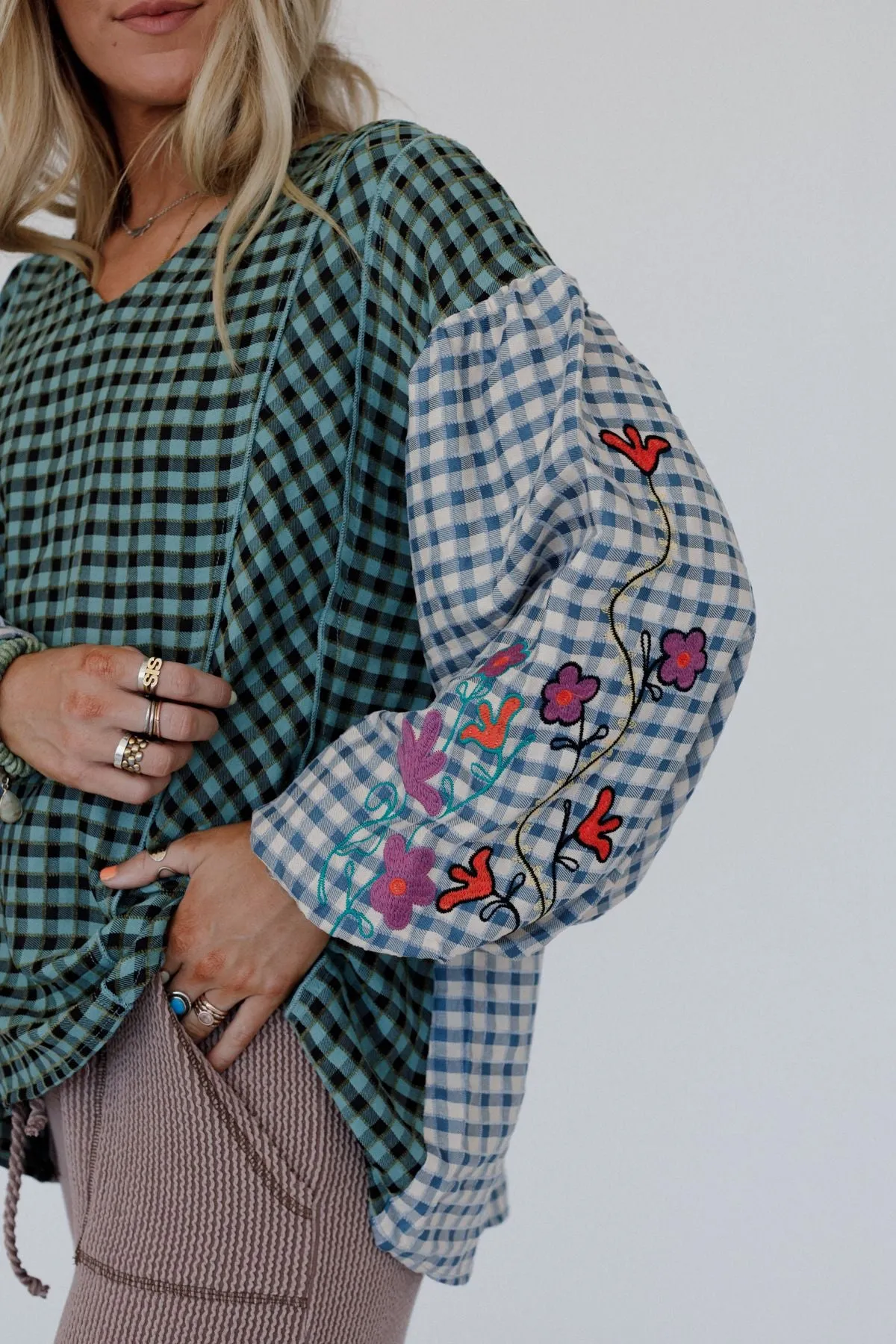 Homestead Plaid Floral Top - Teal