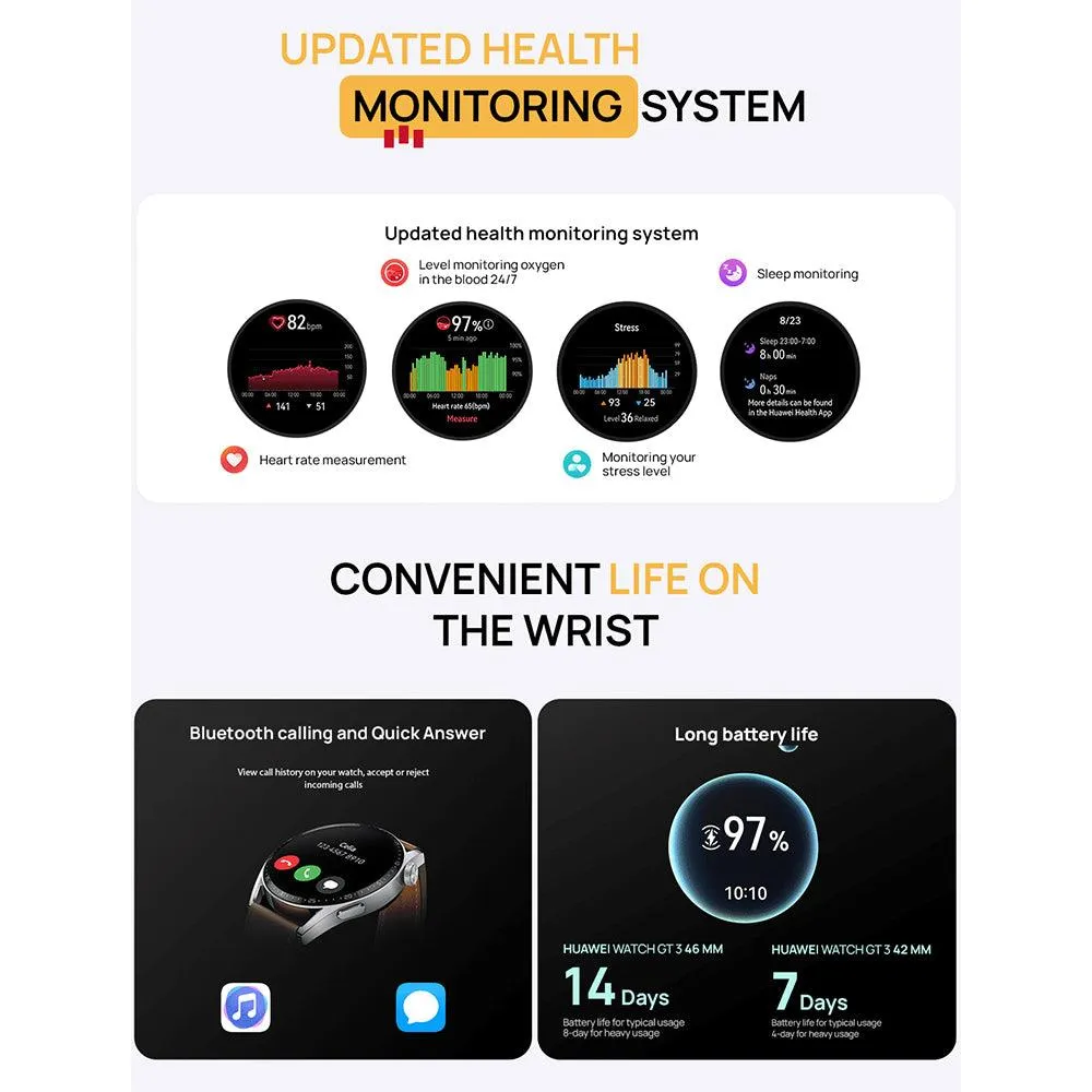 Huawei Watch GT 3 MIL-B19 (42mm - GPS) Black Stainless Steel Case With Black Fluoroelastomer Strap