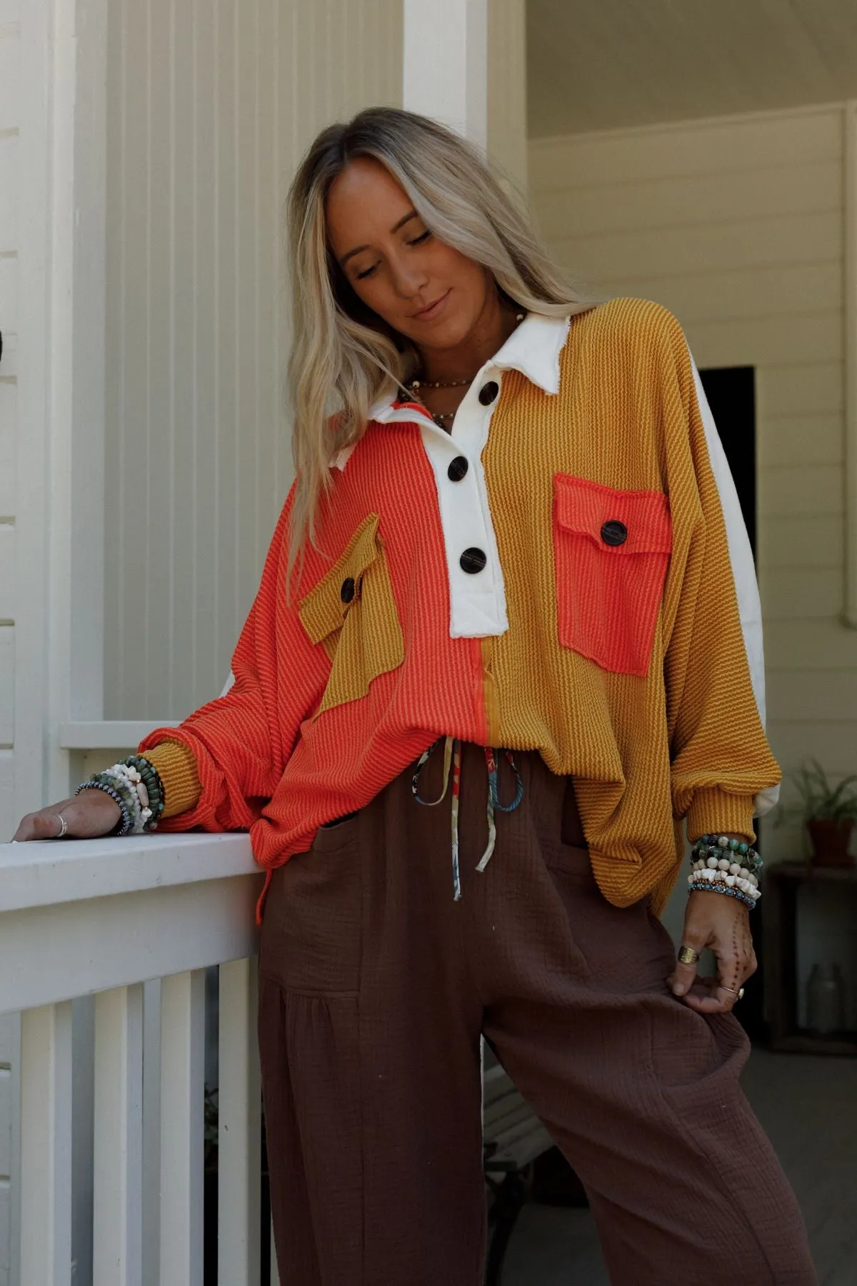 Jodi Color Block Ribbed Top - Mustard
