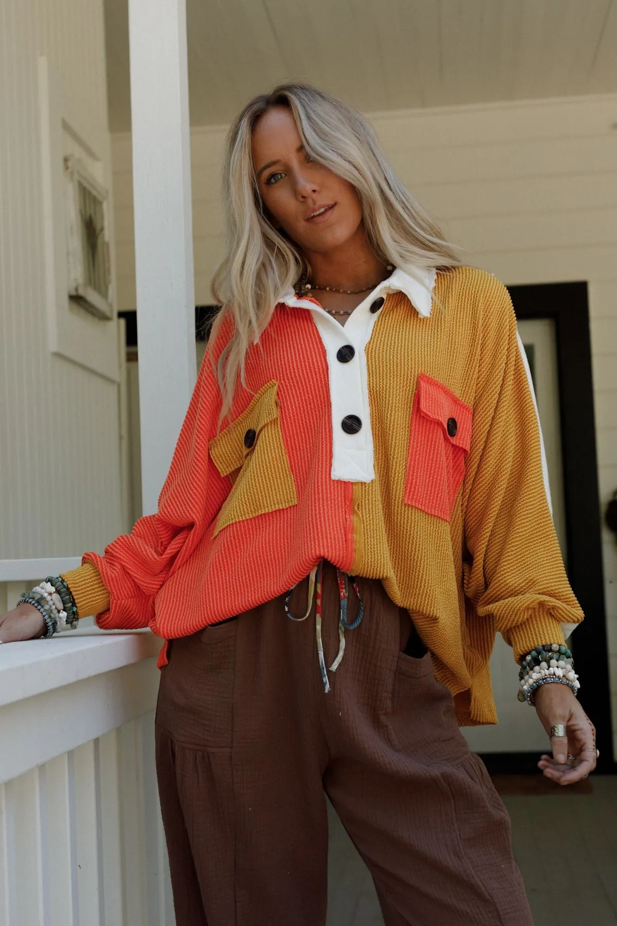 Jodi Color Block Ribbed Top - Mustard