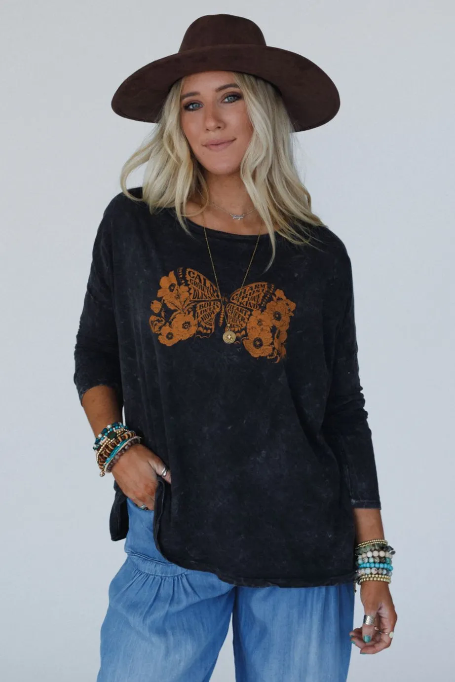 Like A Butterfly Graphic Top - Charcoal