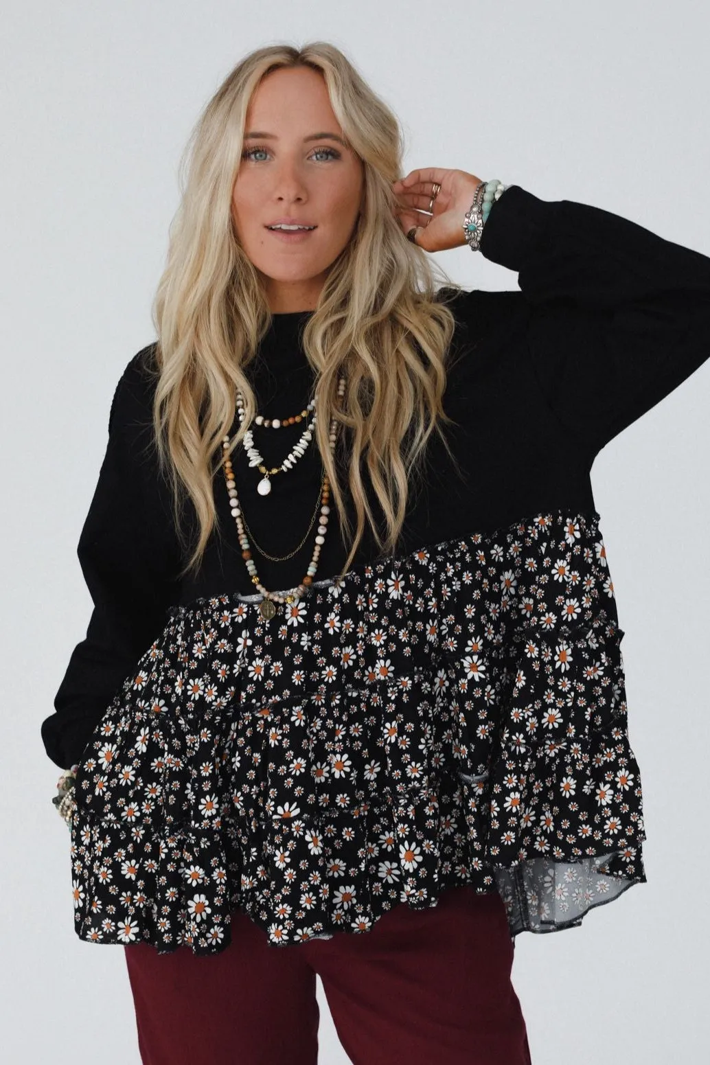 Madeira Tiered Babydoll Top - Black Daisy