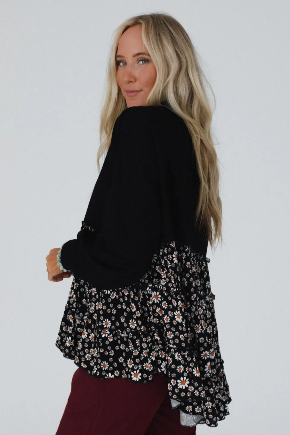 Madeira Tiered Babydoll Top - Black Daisy