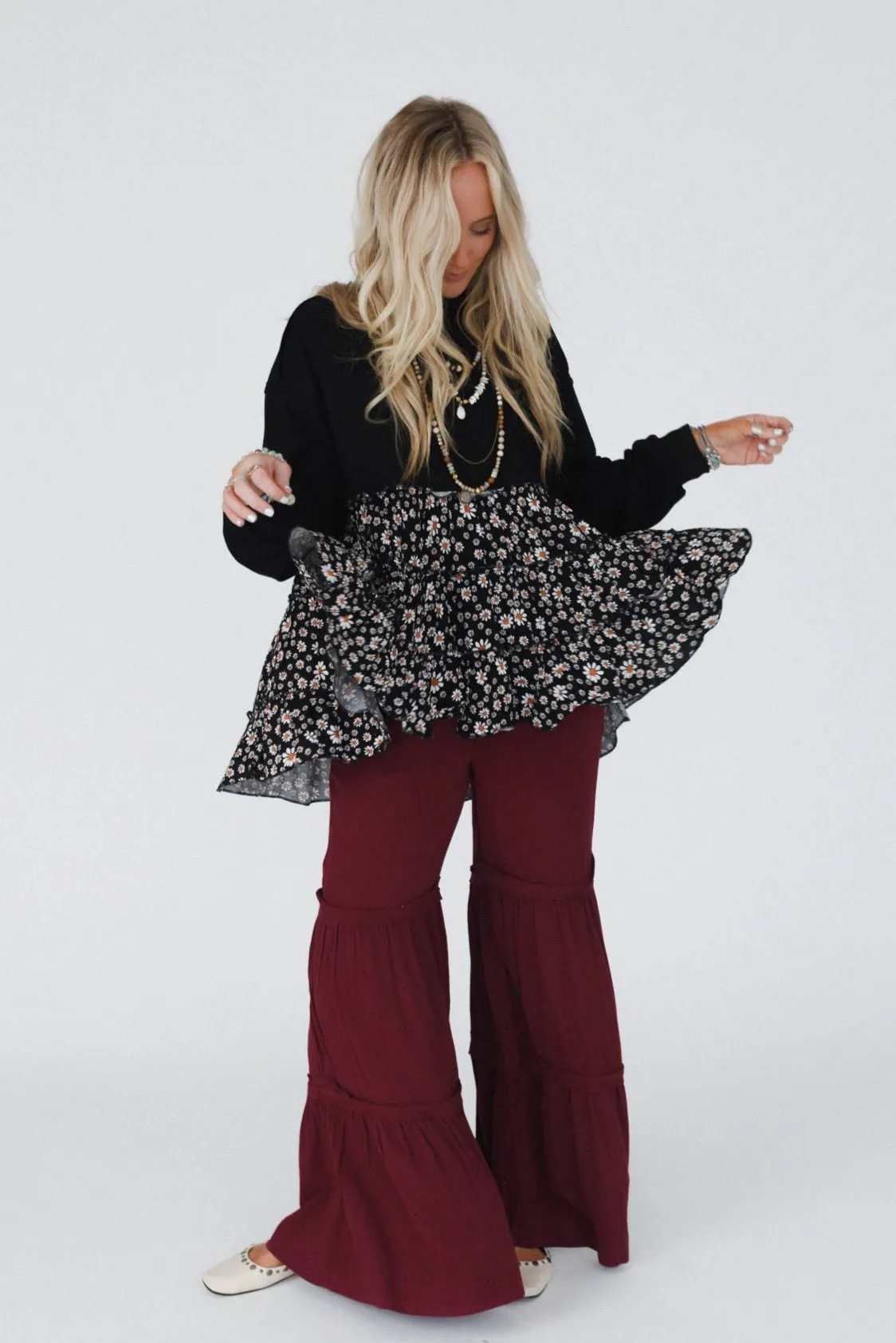 Madeira Tiered Babydoll Top - Black Daisy