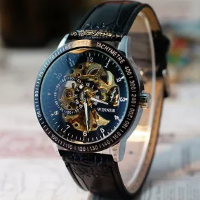 Mens Hollow Skeleton Wristwatch with Leather Band