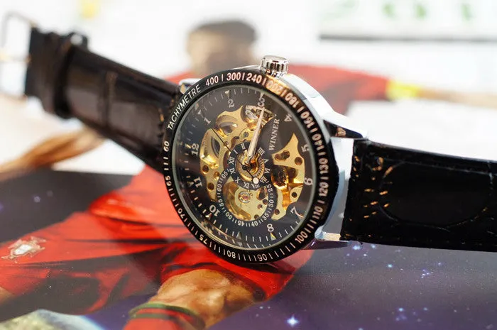 Mens Hollow Skeleton Wristwatch with Leather Band