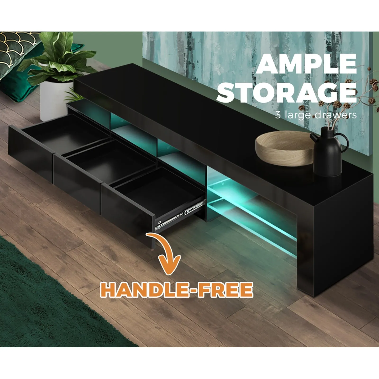 Oikiture TV Stand Cabinet LED Entertainment Unit Gloss Wooden 3 Drawers Black