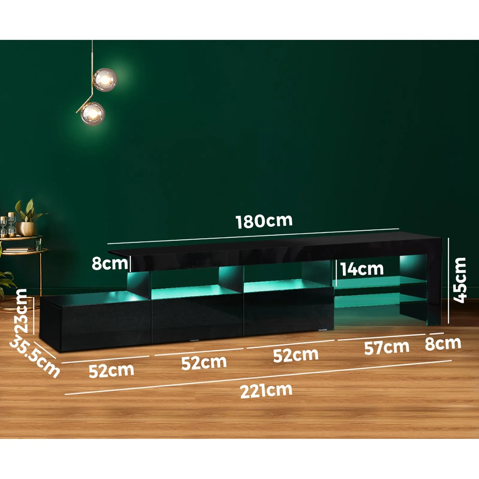 Oikiture TV Stand Cabinet LED Entertainment Unit Gloss Wooden 3 Drawers Black