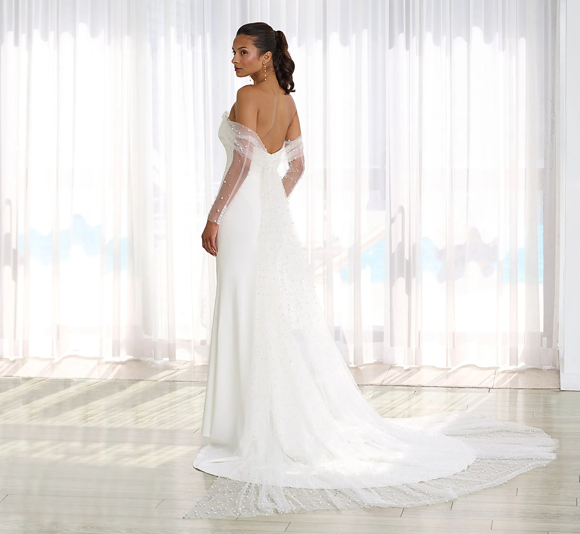Pearl Studded Strapless Sheath Wedding Gown In Ivory