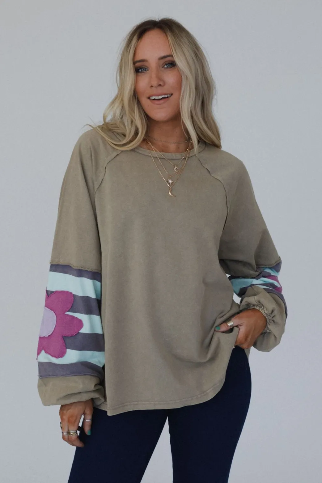 Petal Patch Pullover Top - Mushroom
