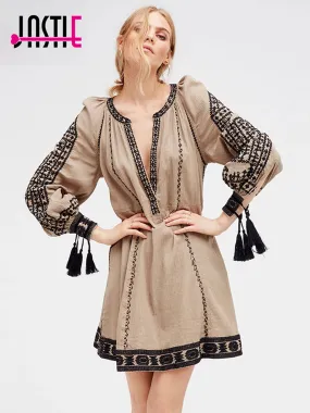 Romantics Magnolia Dress Vintage Floral Embroidery V-Neck Long Sleeve Boho Mini Dress Beach Casual Hippie Chic Women Vestidos