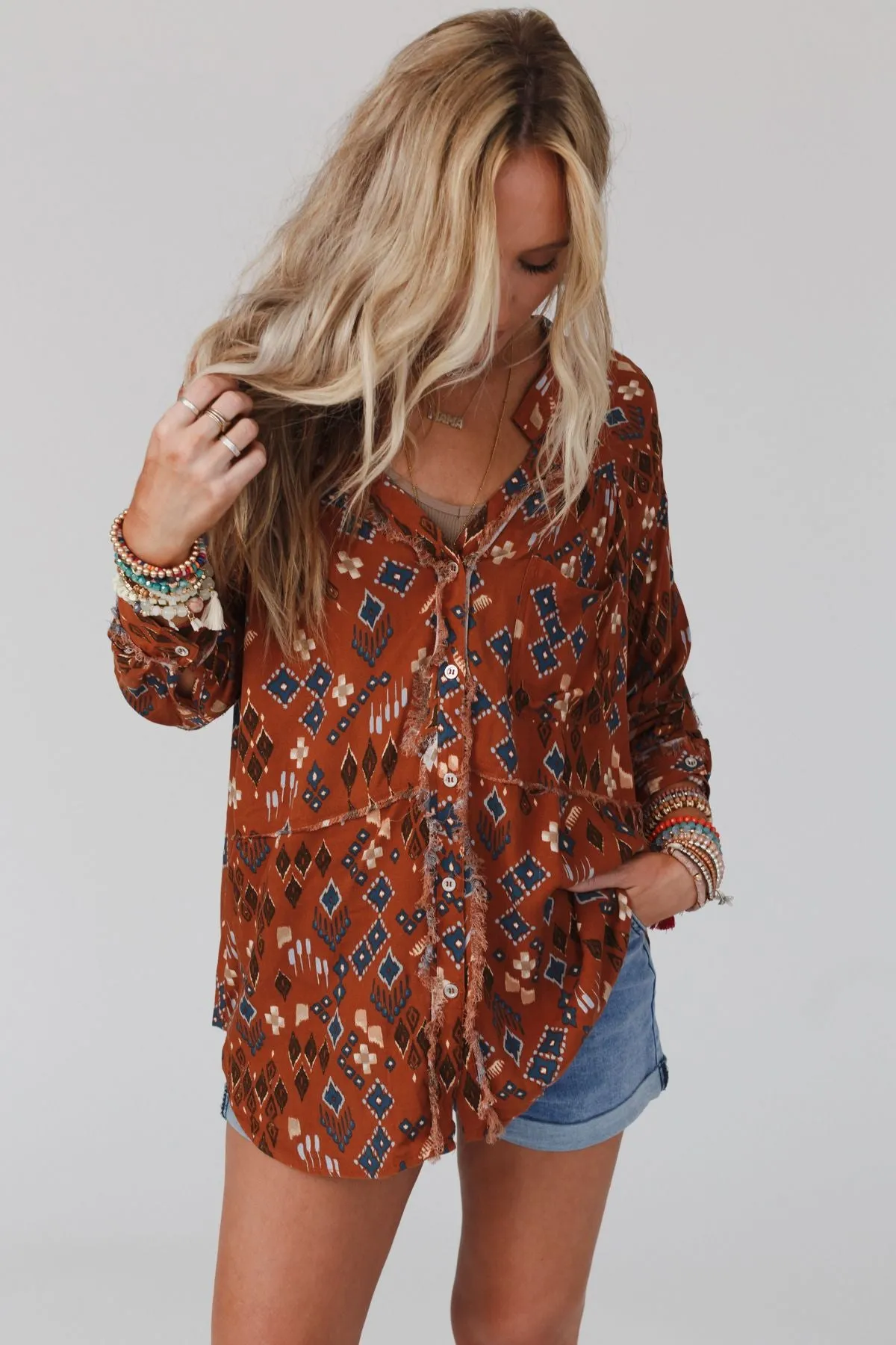 Rumor Has It Button Up Blouse - Copper