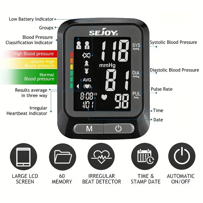SEJOY Wrist Blood Pressure Monitor Automatic Digital Cuff Heart Rate BP Machine