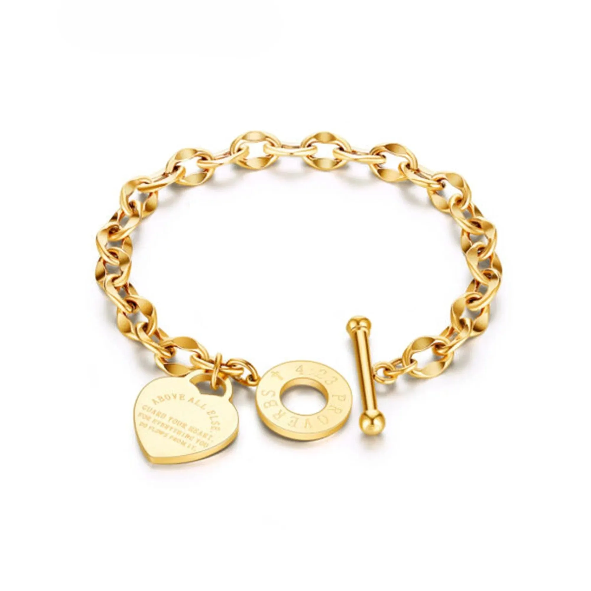Spencer Stainless Steel Love Heart Charm Bracelet Link Chain Bangle Gift for Women Girl (Gold)